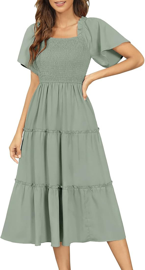 Zattcas Womens Smocked Flutter Sleeve Dress Square Neck Ruffle Tiered Midi Dress | Amazon (US)