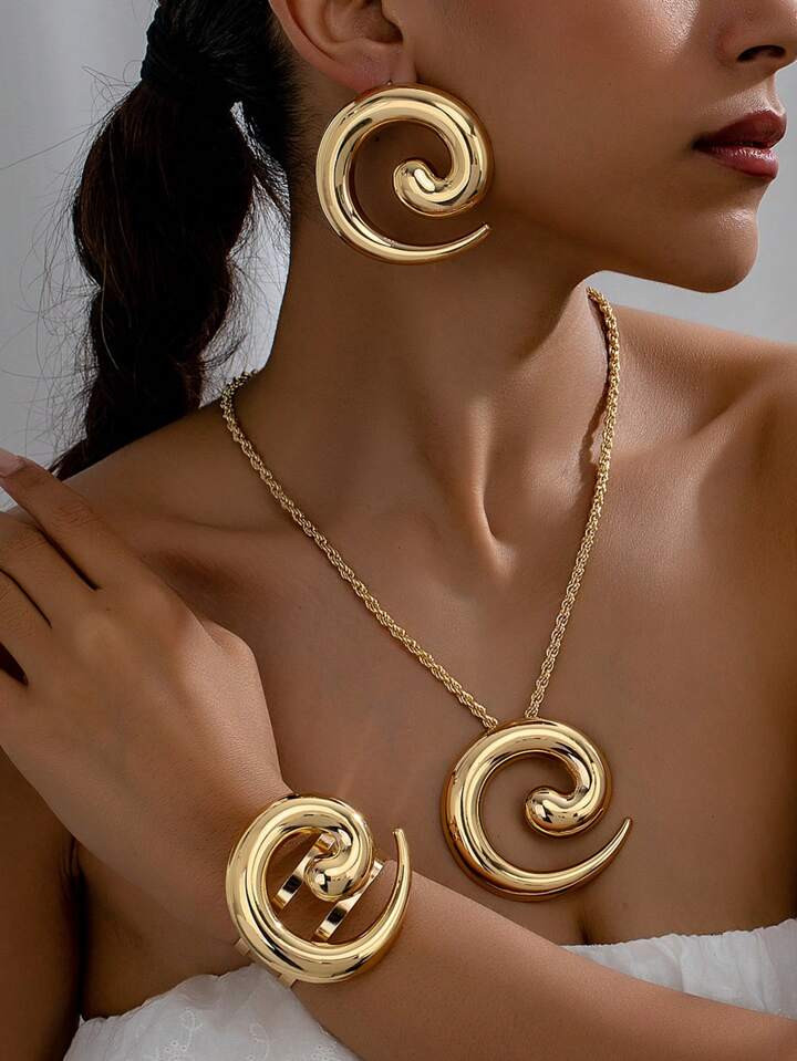 1 Set Of Retro Round Snail Pendant Necklace, Bracelet, And Earring Gold Women Jewelry Set Suitabl... | SHEIN
