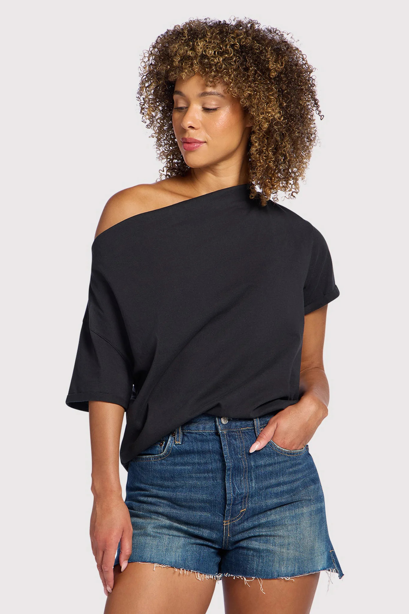 Vintage Cotton Off The Shoulder T-Shirt | Black | Nuuds US