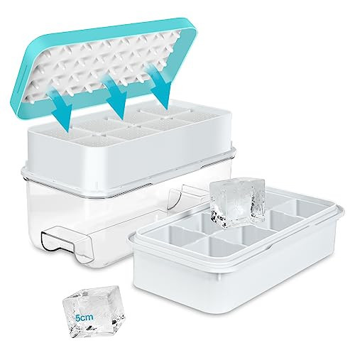 Large Ice Cube Tray, Easy Release Press Ice Cube Moulds, No Overflow Ice Cube Maker and Storage Container All in One, Perfect for Whiskey, Cocktail, for 16 Large Ice Cubes(5cmx5cmx4.5cm), Blue | Amazon (US)