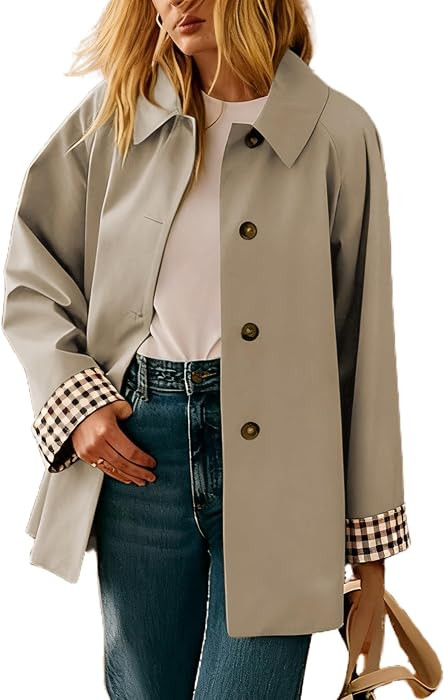 Dqbeng Womens Trench Coat Oversized Button Up Jacket Plaid Lined Classic Outerwear with Pockets | Amazon (US)