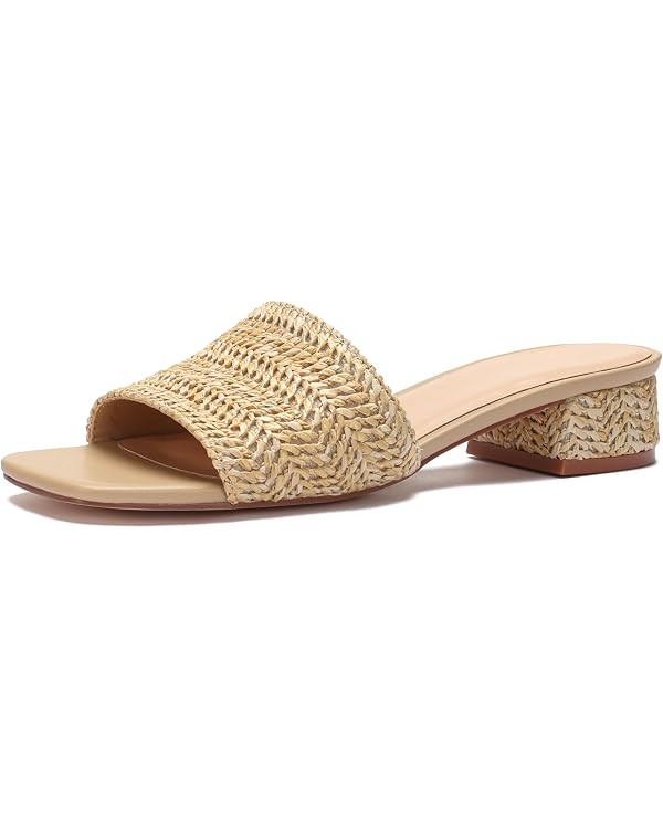 Women’s Raffia Slide Sandals, Low Heel Square Toe Open Toe Slip On Sandals for Women, Memory Fo... | Amazon (US)