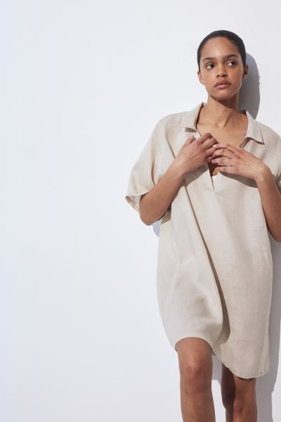Linen Tunic with Collar - V-neck - Short sleeve - Light beige - Ladies | H&M US | H&M (US + CA)