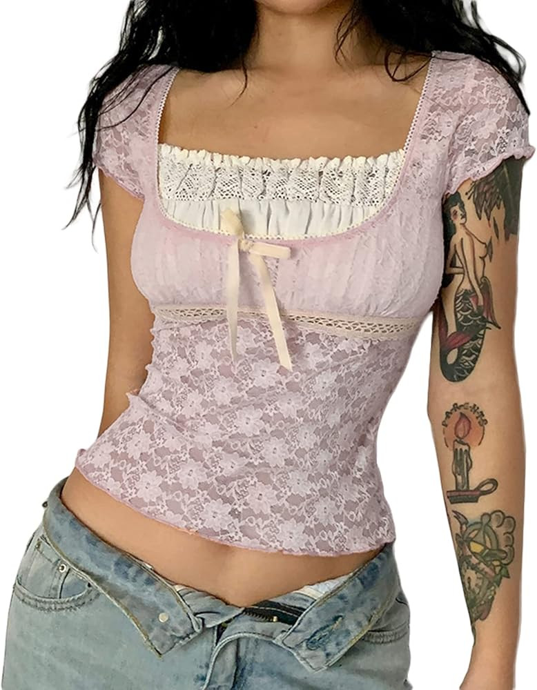 Mxiqqpltky Y2K Fairy Grunge Crop Top for Women Short Sleeve Lace Patchwork T-Shirt Aesthetic Slim... | Amazon (US)
