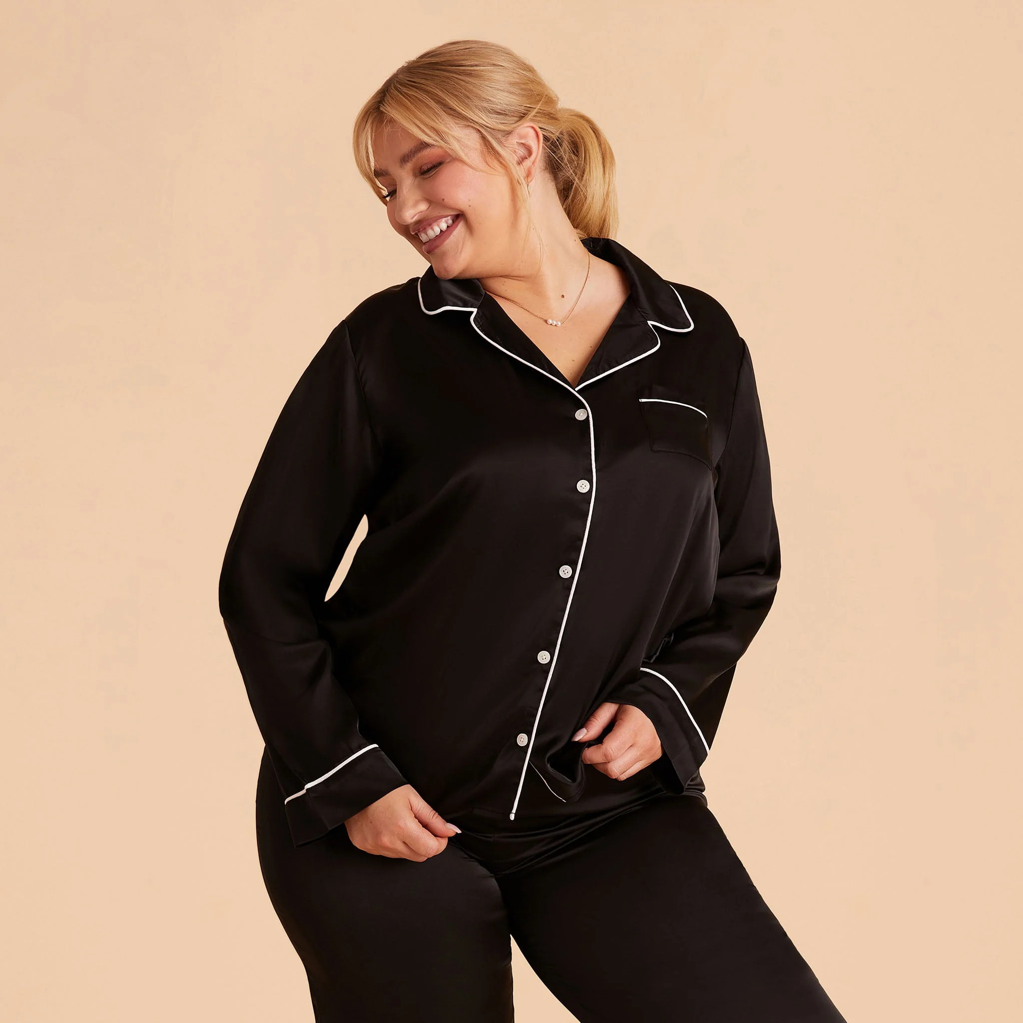Jonny Satin Long Sleeve Pajama Top - Black | Birdy Grey