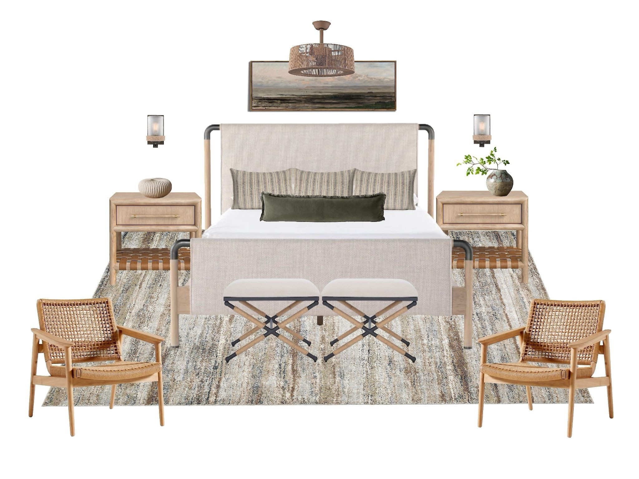 Casual but structured coastal bedroom with natural tones, green and hint of blue.   Leather wrapped nightstands really make a statement next to this structured bed.  Woven accent chairs, tonal rug, ottomans, lumbar and striped pillows.  Perfect size art for queen bed at such a great price!

#LTKHome