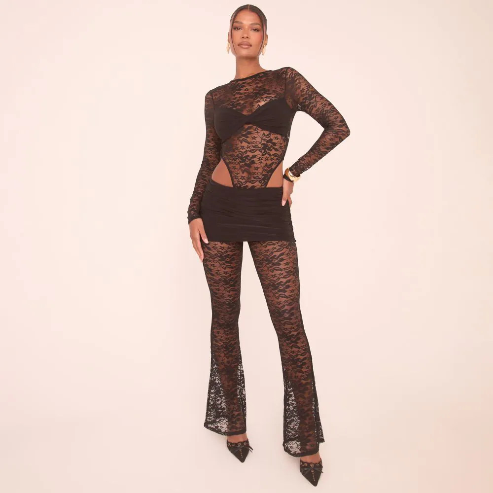 Low Rise Slinky Fold Over Waistband Flared Trousers In Black Lace | EGO (UK)