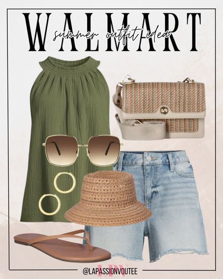 Summer sophistication redefined with Walmart's essentials: denim shorts paired flawlessly with a halter smocked top. Elevate with hoop earrings, a trendy bucket hat, a practical crossbody bag, and comfy thong sandals. Effortless style for every adventure! ☀️

#LTKstyletip #LTKfindsunder100 #LTKSeasonal