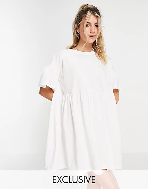 In The Style x Olivia Bowen Exclusive smock dress with fluted sleeves in white | ASOS (Global)