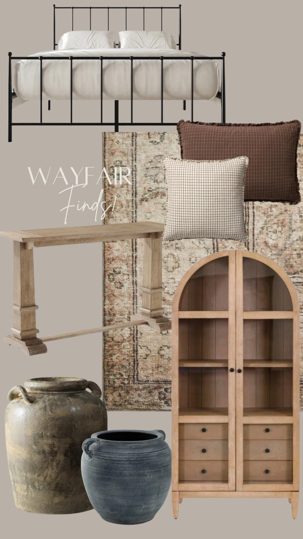 Vintage modern wayfair finds! Vintage look pottery/vase. Plaid pillows. Affordable spindle bed. Anthro cabinet dupe.