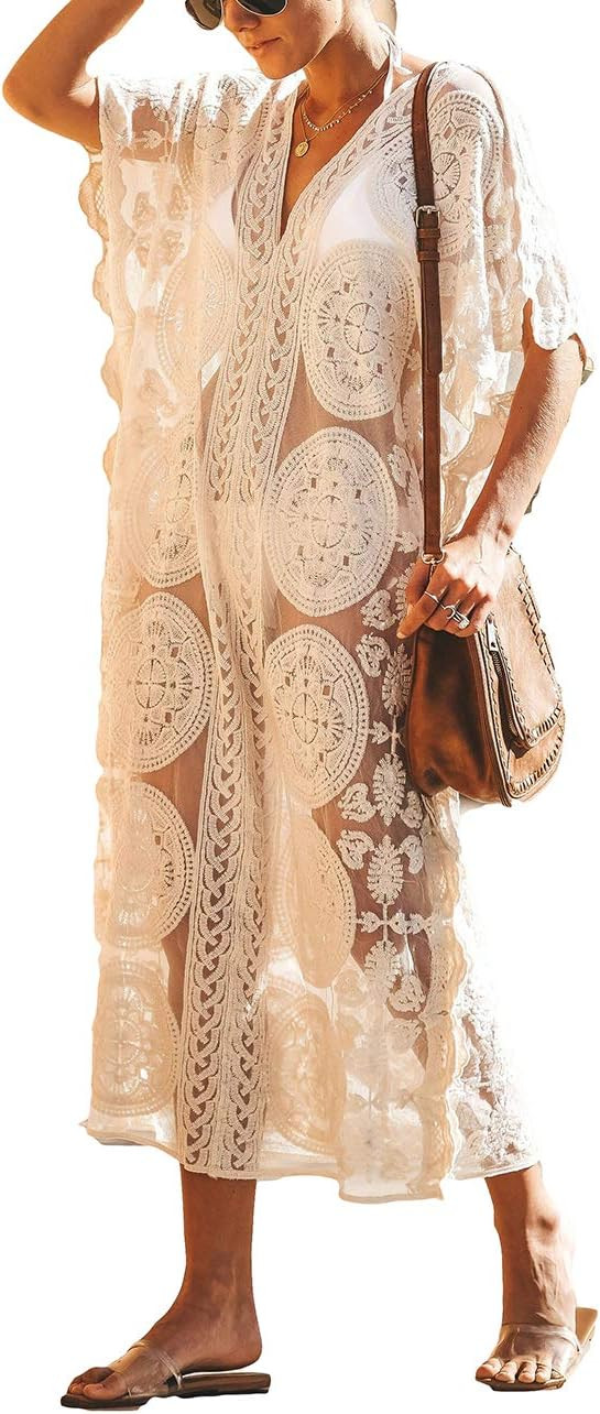 Bsubseach Women Swimwear White Deep V Neck Short Sleeve Beach Loose Dress Mesh Embroidery Bikini ... | Amazon (US)