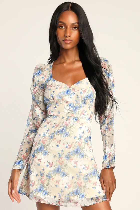 Lovely Type Ivory Floral Print Puff Sleeve A-Line Mini Dress | Lulus (US)