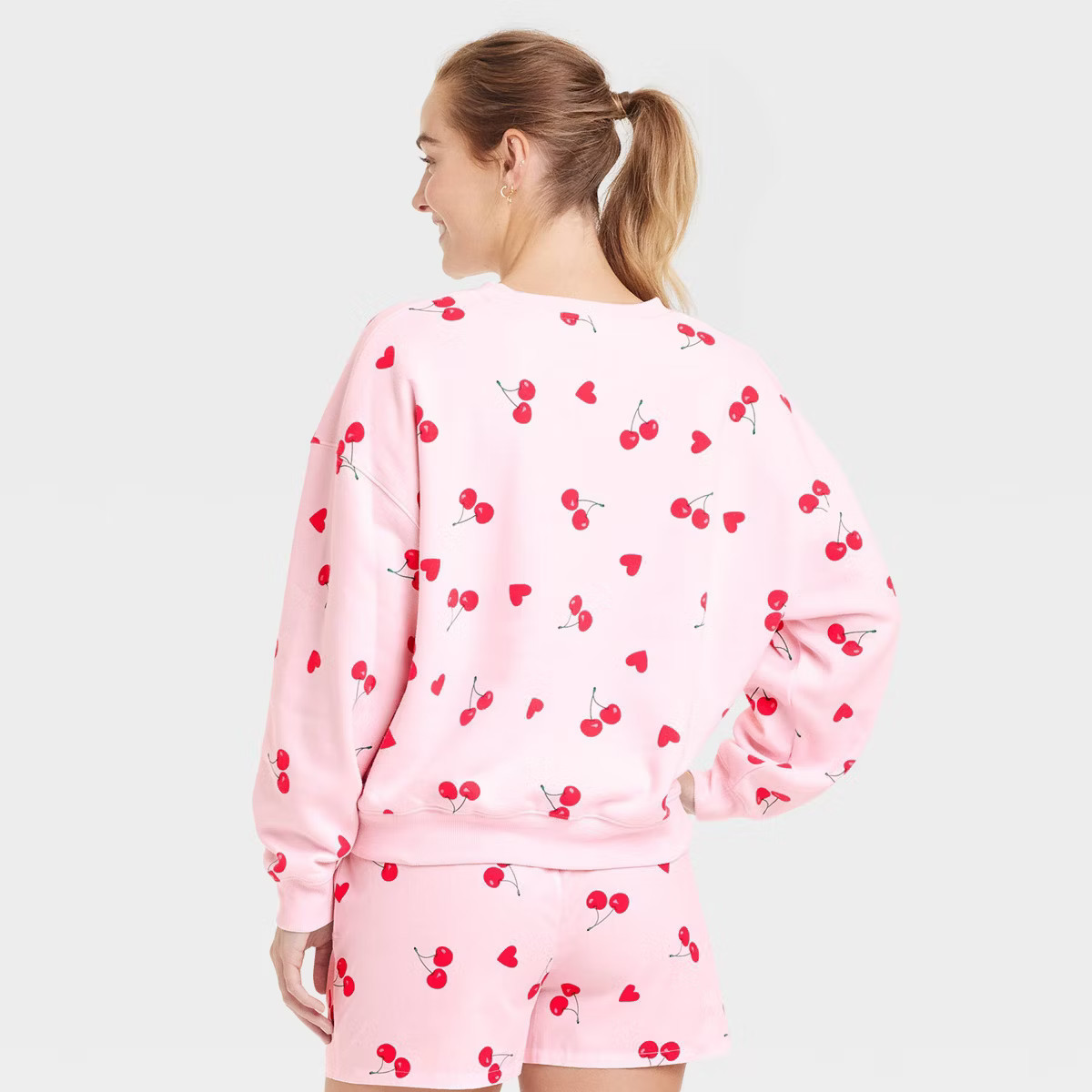 Women's Cherry Hearts Printed Graphic Sweatshirt - Pink XXL | Target