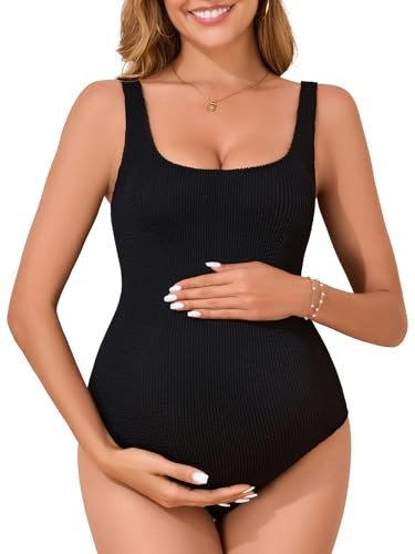 Summer Mae Maternity One Piece Swimsuit Seamless One Size Fits S-XL Bathing Suit Ribbed U-Shaped Back Pregnancy Swimwear | Amazon (US)