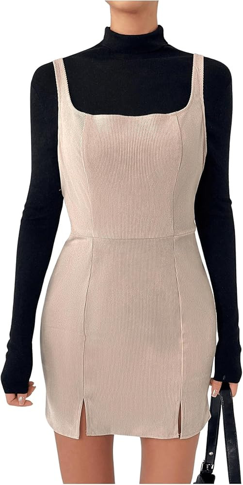 COZYEASE Women's Mini Pinafore Overall Dress Zip Up Split Hem Pinafore Straps Bodycon Dresses Wit... | Amazon (US)