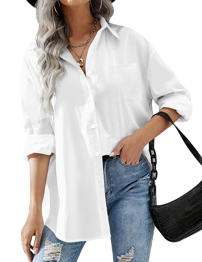 HOTOUCH Women Oversized Button Down Shirts Office Drop Shoulder Blouse Long Sleeve Boyfriend Dres... | Amazon (US)