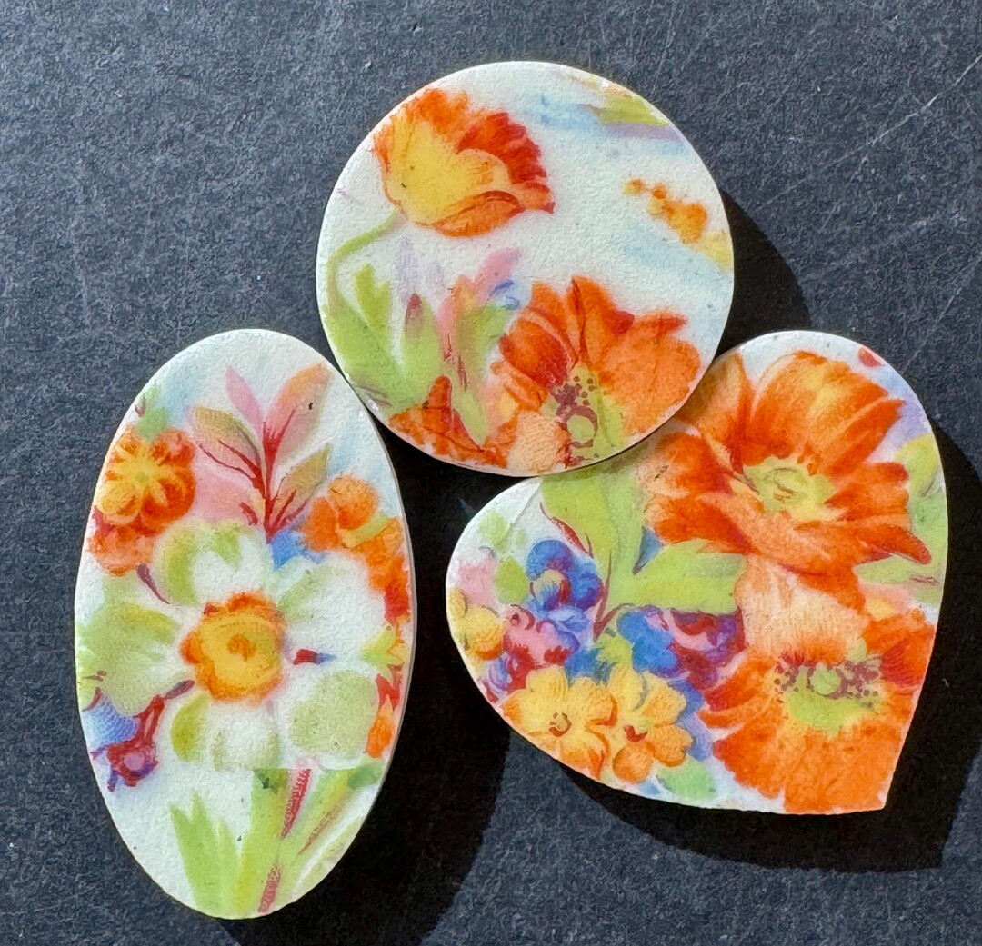 3 Antique Chintz Floral Cabochons Hand Cut Heart Broken China Jewelry Mosaic Tile Crafts Silversm... | Etsy (Global)