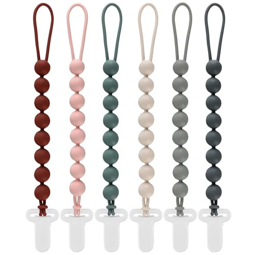 6-Pack Silicone Pacifier Clips for Babies, Safe Teething Beads, Rust-Free Holders, Baby Boy and Girl Essentials, Newborn Must-Have Accessories, BPA-Free | Amazon (US)
