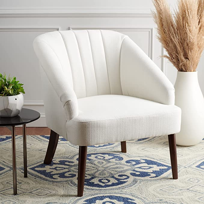 SAFAVIEH Home Collection Quenton White/Walnut Channel Tufted Accent Chair ACH4002A | Amazon (US)