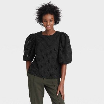 Women's Short Puff Sleeve Eyelet Top - A New Day™ | Target