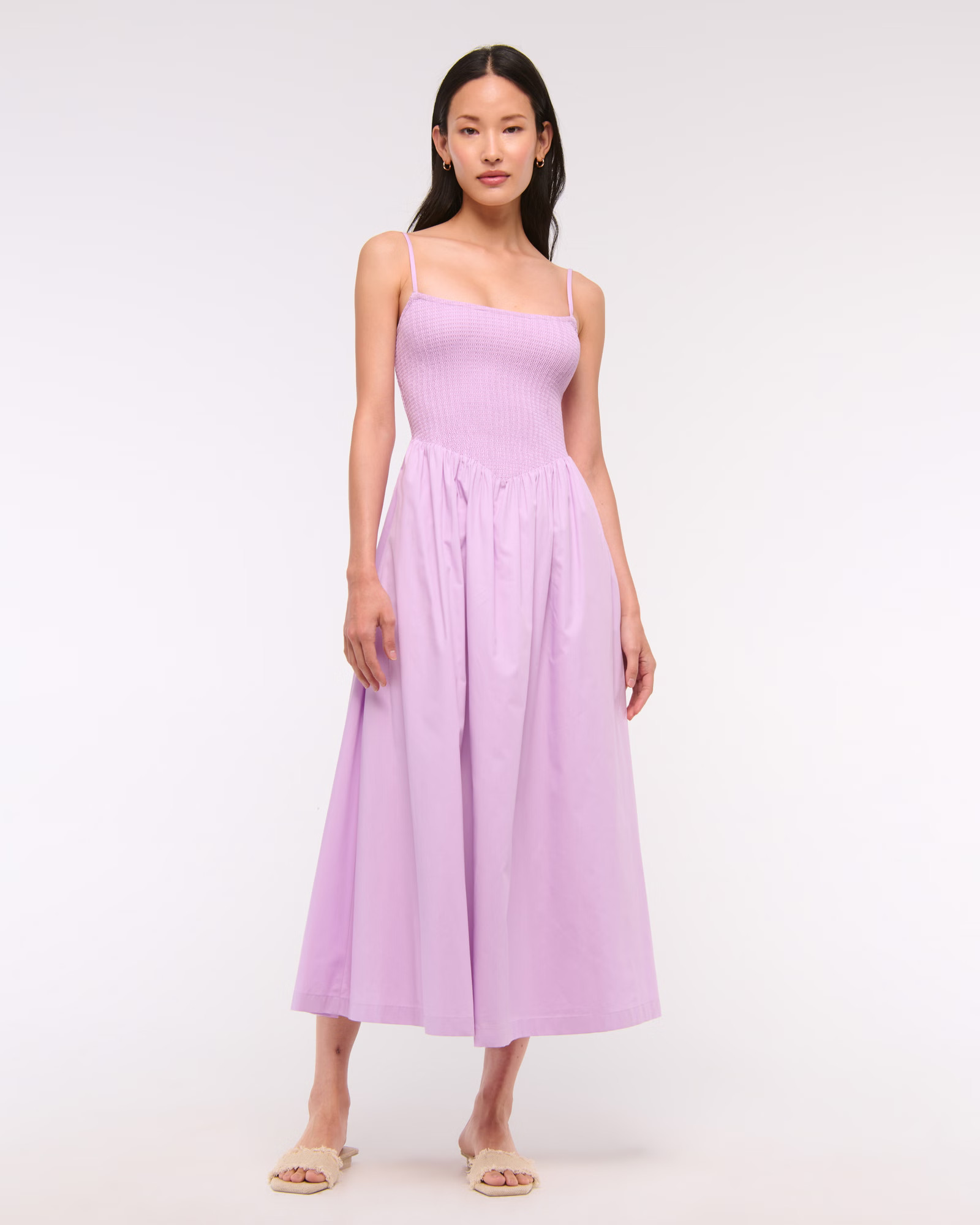 Dipped-Waist Smocked Midi Dress | Abercrombie & Fitch (US)