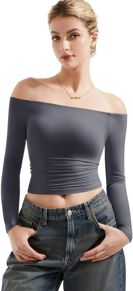 SUUKSESS Women Off Shoulder Double Lined Long Sleeve Shirts Basic Going Out Tops | Amazon (US)