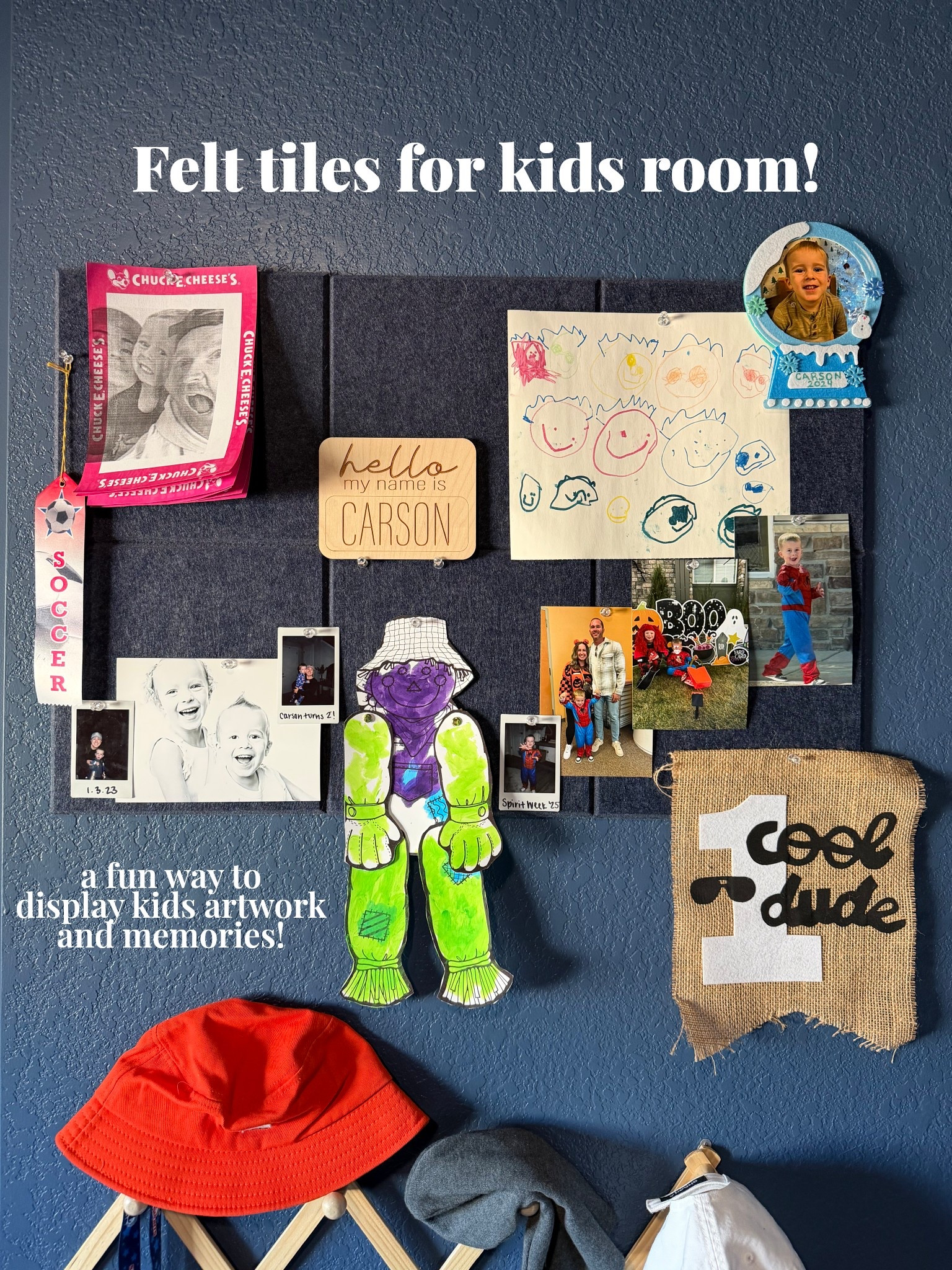 Kids room idea! These felt squares are a great alternative to cork boards. #kidsroom #kidsroomdesign #interiordesign #roomdesign #corkboard #fabrictiles #amazon #kidsartdisplay #kidsroomidea #roominspo #boyroom 

#LTKHome #LTKmomlife #LTKKids