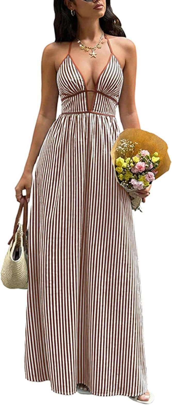 Amazon.com: Womens Striped Halter Maxi Dress Halter Deep V Neck Backless Smocked Beach Vacation B... | Amazon (US)