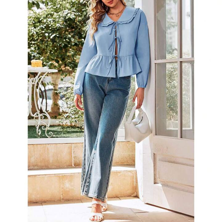 SnugSopt Womens Tie Front Tops Casual Babydoll Long Sleeve Blouses Peplum Cotton Bow Shirts | SHEIN