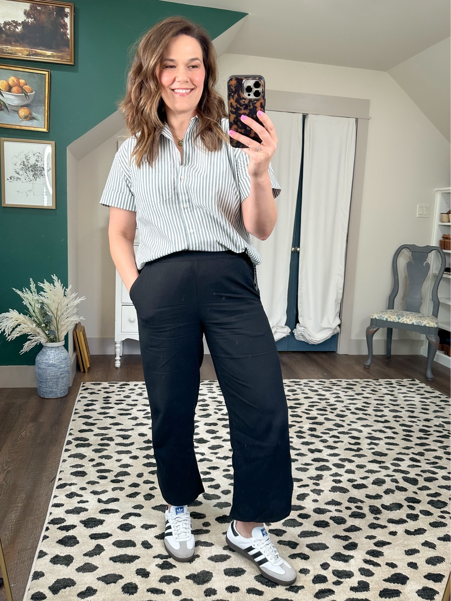 I’m loving these cropped wide leg marine layer pants. Wearing a size medium here. 



Spring pants, casual style, casual mid size style, easy outfits for moms, striped shirts, striped button down shirt, adidas sambas, easy outfit ideas, simpler outfit ideas, outfit ideas for moms, favorite pants, elastic waist pants, favorite pants for moms. 

#LTKover40 #LTKmidsize #LTKfindsunder100