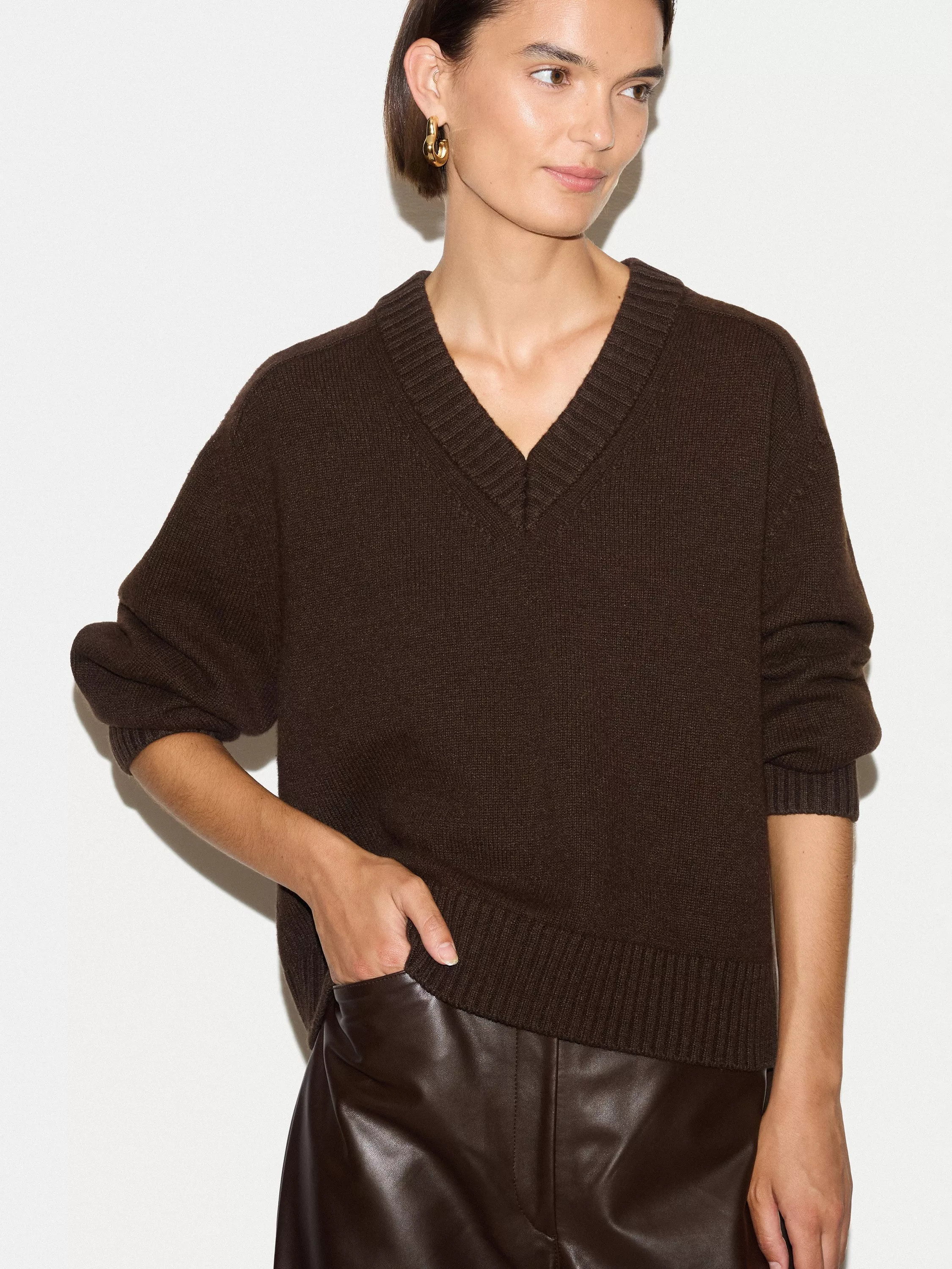 Wool Rich with Cashmere V-Neck Jumper, Brown | John Lewis (UK)