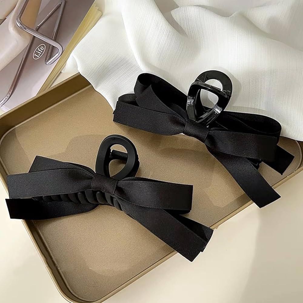 Agirlvct 2 Pcs Silky Satin Bow Hair Clips,Big Black Bow Hair Claw Clip,Large Hair Barrettes Acces... | Amazon (US)