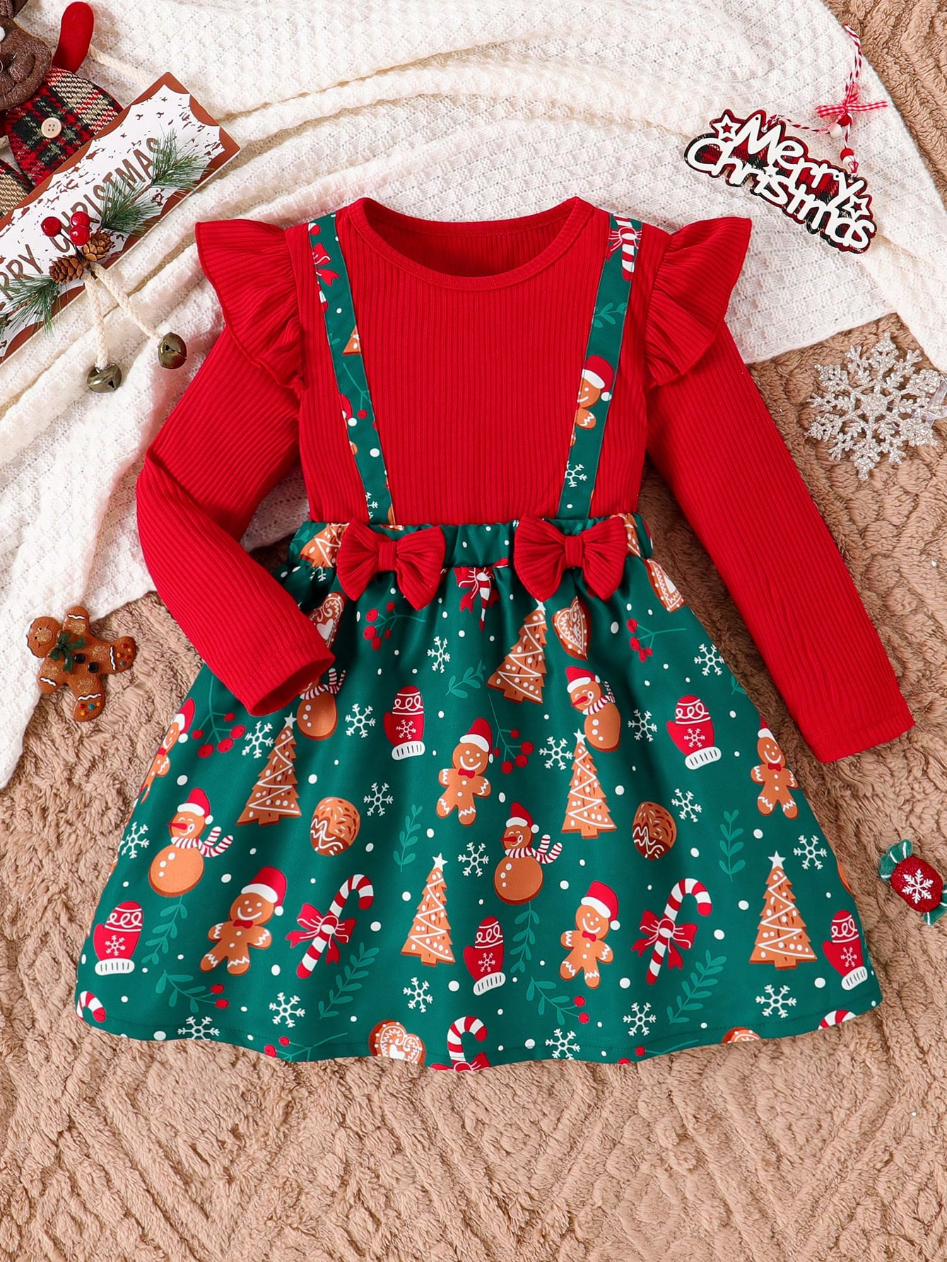 Young Girl Christmas Ruffle Bow Snowman Candy Cane Christmas Tree Print Dress | SHEIN USA | SHEIN