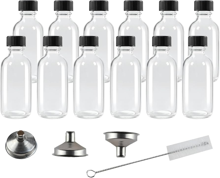 12 Pack 2 oz Glass Shot Bottles with Caps,Clear Round Small Glass Ginger Shot Bottles With Lids, ... | Amazon (US)