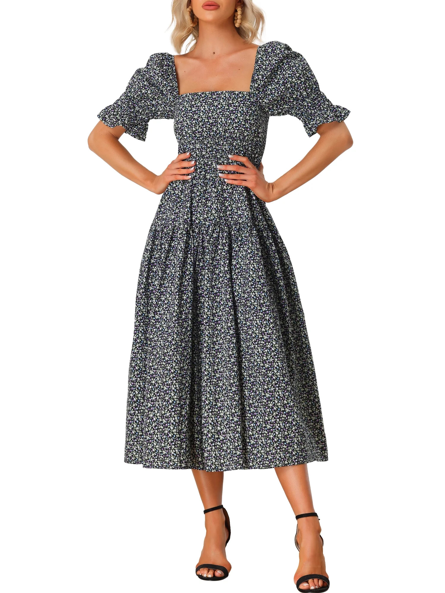 Allegra K Women's Peasant Floral Square Neck Short Puff Sleeve Smocked Dresses - Walmart.com | Walmart (US)