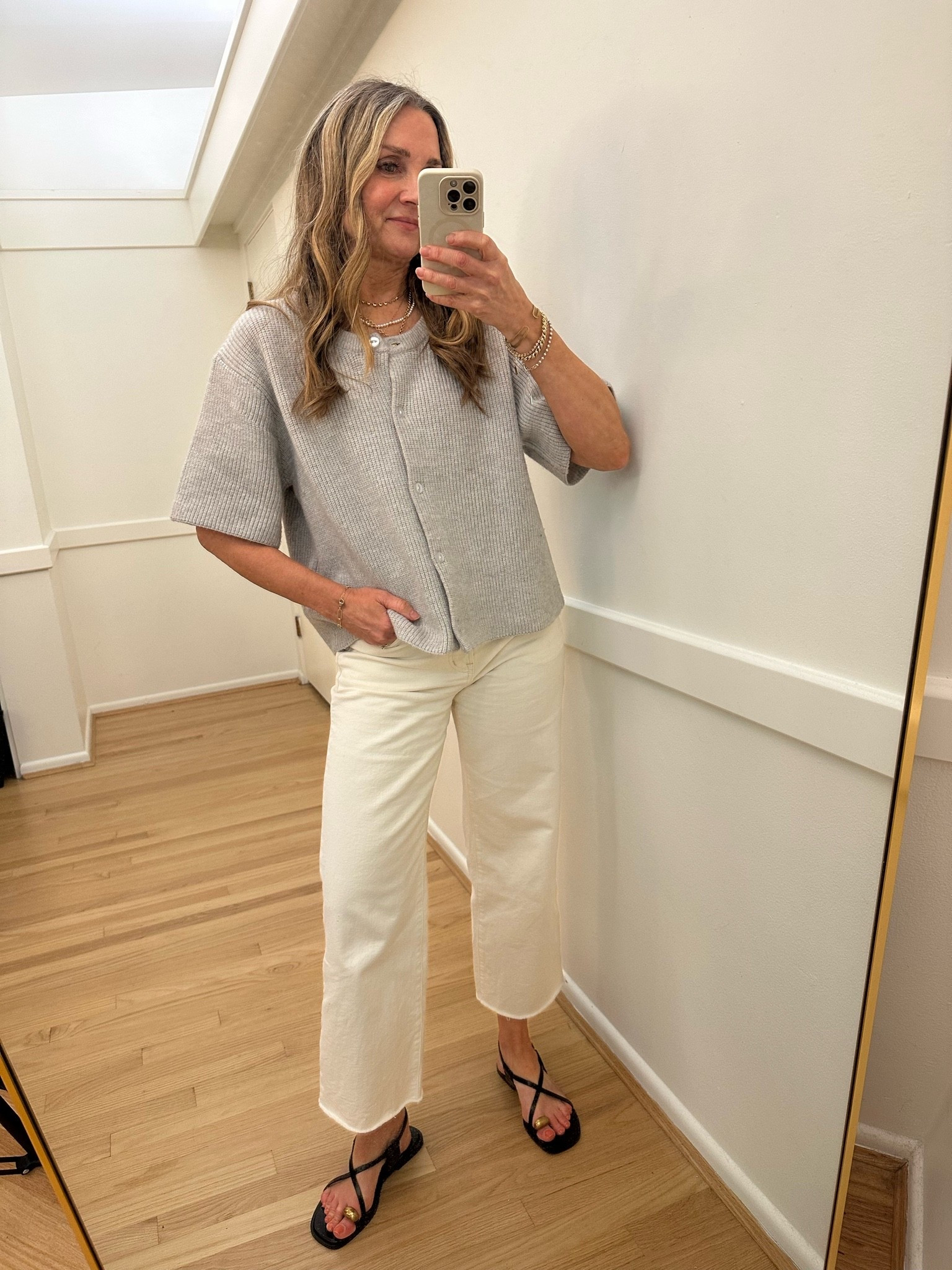 Outfit of the day! I own this Amazon cardigan in two colors, it’s so good. My favorite @Madewell ecru jeans, size 26. Loving these @Zara black sandals with the metallic detail!

#LTKOver40 #LTKootd #LTKxMadewell