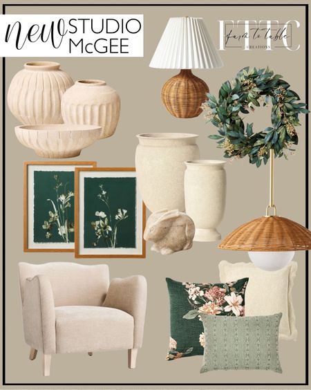 NEW Studio McGee x Target Finds Coming Soon. Follow @farmtotablecreations on Instagram for more inspiration. Releasing December 26th. Natural Wicker Table Lamp Brown. 4pk Floral Napkins. Oversize Printed Floral Square Throw Pillow Moss/Clay Pink/Cream. Oversized Heather Square Throw Pillow. Threshold. 26" Mixed Eucalyptus Wreath Green. (Set of 2) 16"x20" Orchid on Black Ground Framed Wall Arts Walnut Brown. Ceramic Carved Bowl. Short Carved Ceramic Vase. Tall Carved Ceramic Vase. Ceramic Textured Bowl Brown. Oversized Woven Striped Lumbar Throw Pillow. Plastic Outdoor Planter Pot Cream. Marble Bunny Beige Winter Refresh. Spring Decor. Spring Refresh. Studio McGee Home Decor. New Studio McGee Home Decor. 

#LTKstyletip #LTKhome #LTKfindsunder50