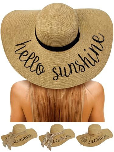 Senker Fashion Beach Hats for Women, Floppy Straw Sun Hat Embroidered Wide Brim for Summer Honeymoon Vacation Cruise Khaki | Amazon (US)