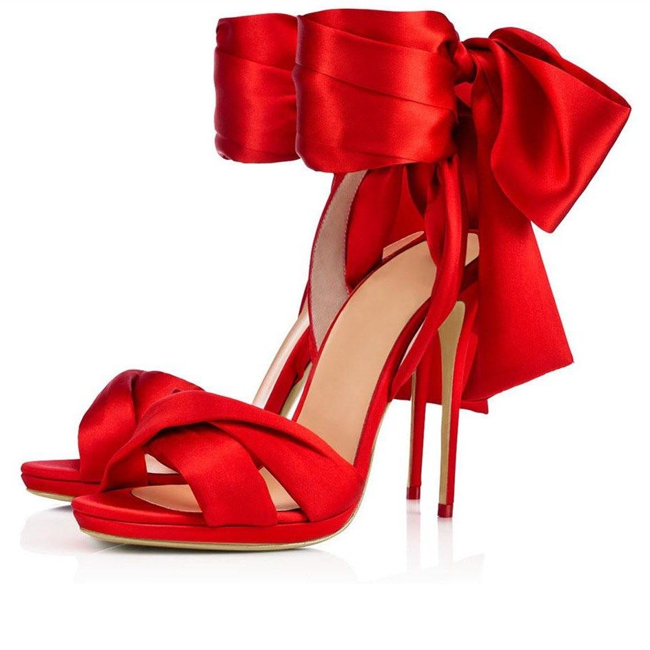 Red Satin Bow Evening Shoes Ankle Wrap Stiletto Heel Sandals | FSJshoes