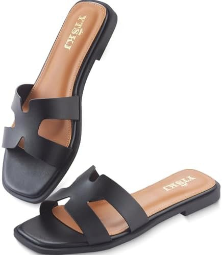 Sandals for Women 2026 Dressy Slides Flat Open Toe Comfortable Soft Leather Slip On Ladies Casual... | Amazon (US)