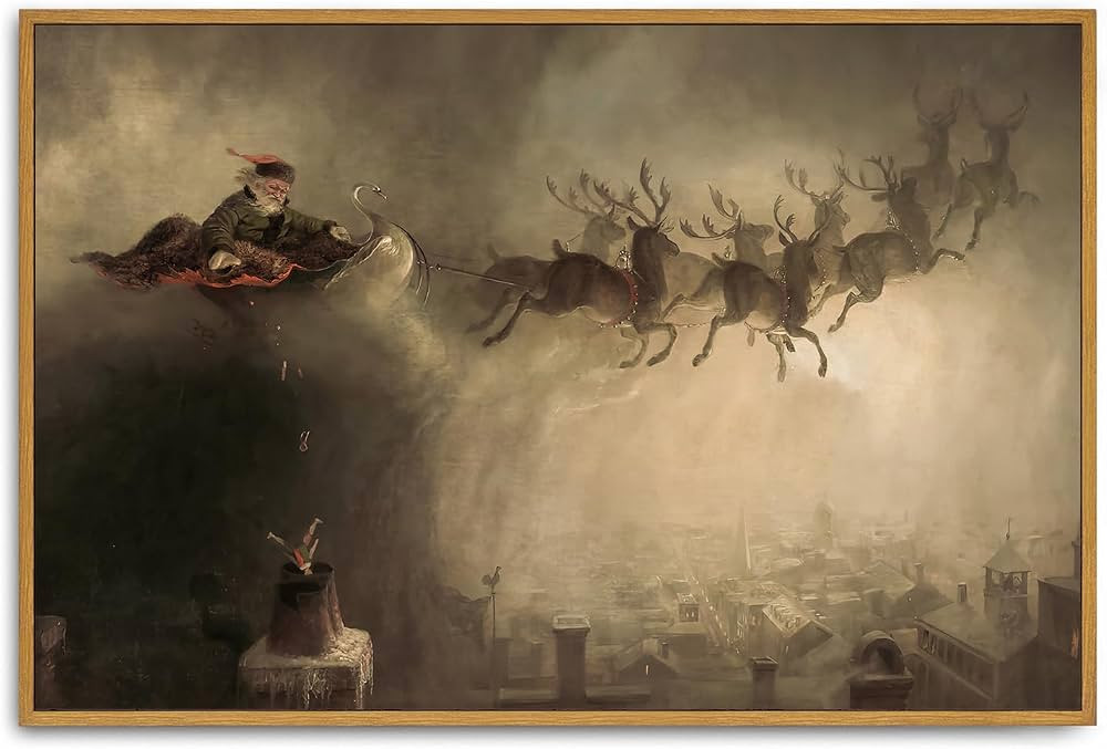 Roslynity Framed Canvas Wall Art Vintage Print Christmas Santa Claus Paintings Sleigh Reindeers W... | Amazon (CA)