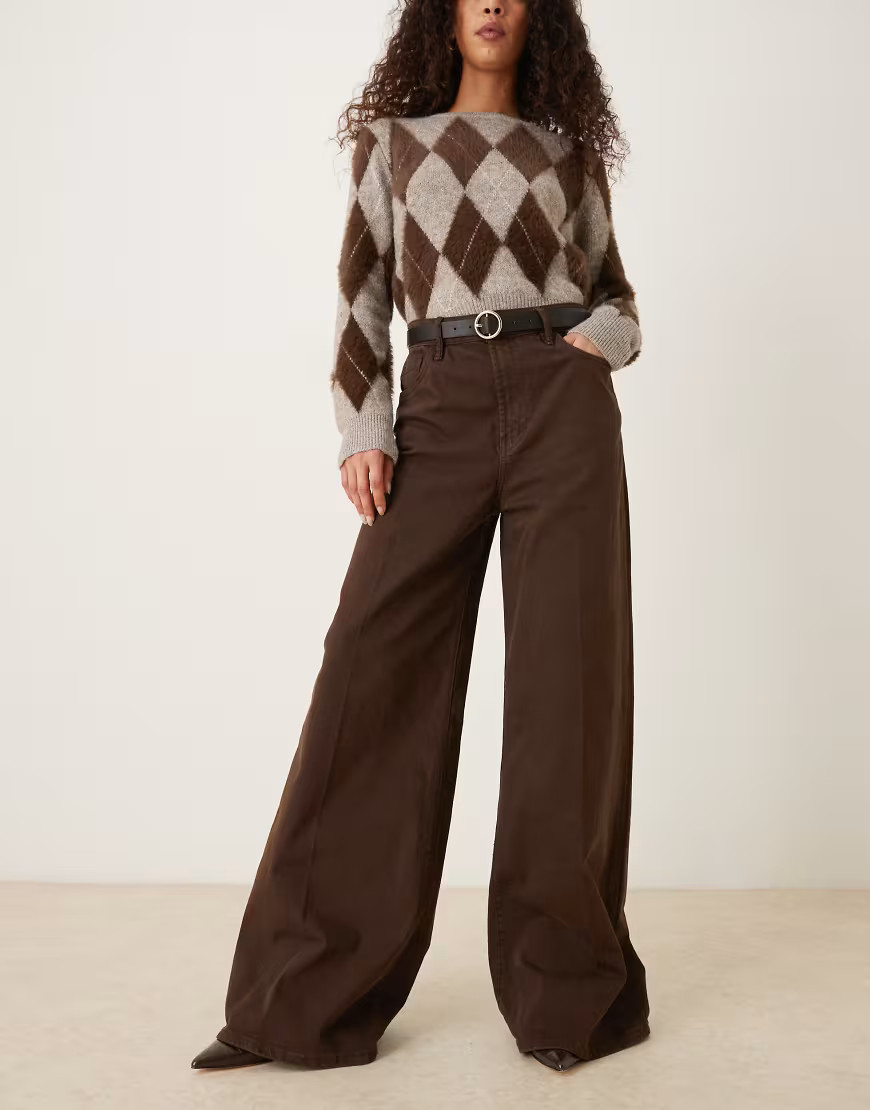 Mango cotton pleat front wide leg jean in brown | ASOS (Global)