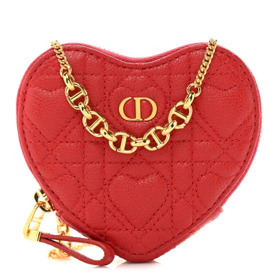 Calfskin Cannage Dioramour Caro Heart Pouch With Chain Bright Red | FASHIONPHILE (US)