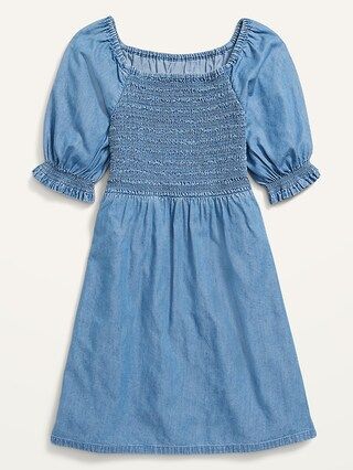 Elbow-Sleeve Smocked Bodice Chambray Dress for Girls | Old Navy (US)