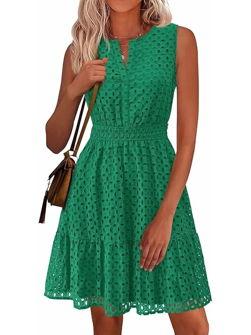 PRETTYGARDEN Women's Summer Dresses Sleeveless V Neck Eyelet Hollow Out Swing A Line Beach Vacati... | Walmart (US)