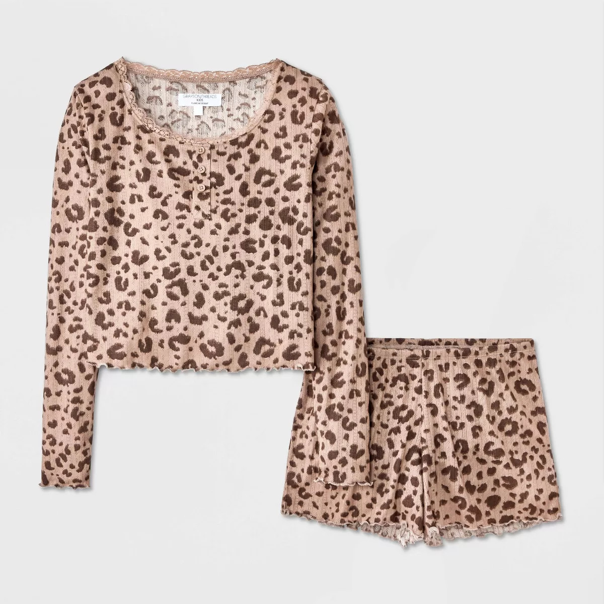 Girls' 2pc Animal Print Long Sleeve Pointelle Pajama Set - Tan L | Target