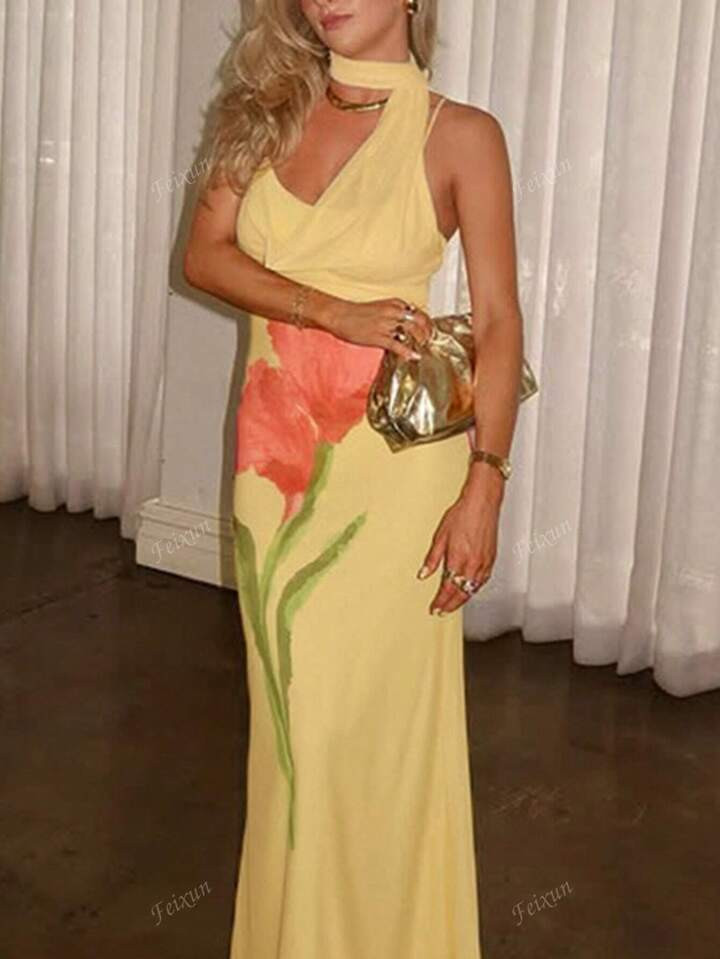 Elegant Floral Print V-Neck Camisole Bodycon Dress With Scarf Design | SHEIN