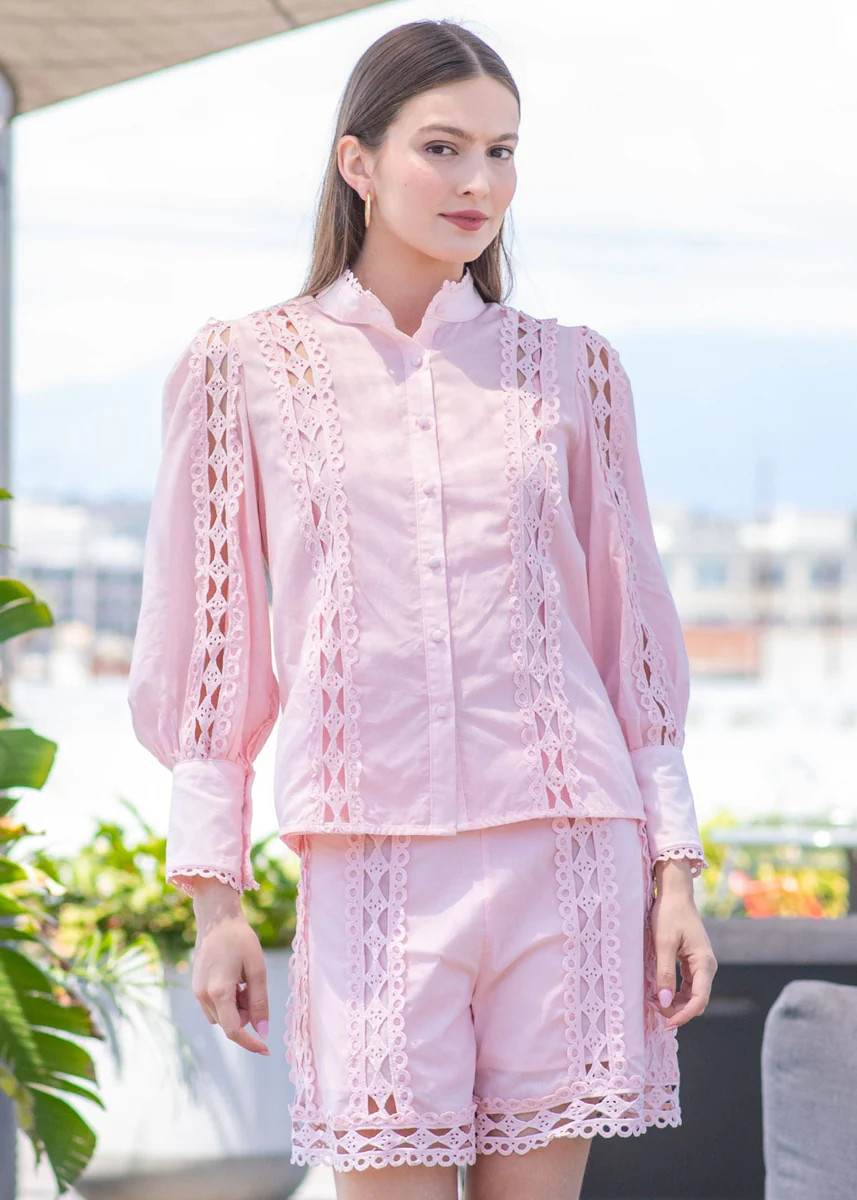 Laurie Lace Detailed Long Sleeve Cotton Blouse - Light Pink | Benaar La
