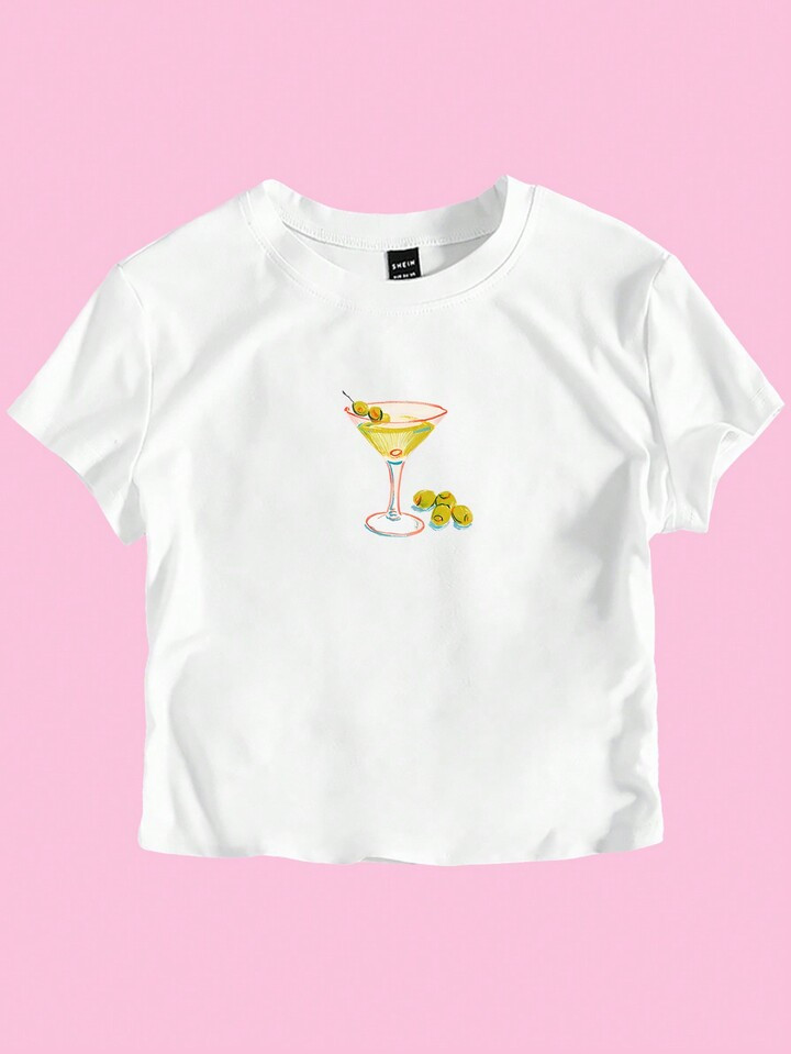 SHEIN EZwear Plus Size Women Y2K Summer Martini Glass Olive Cropped Baby T-Shirt | SHEIN