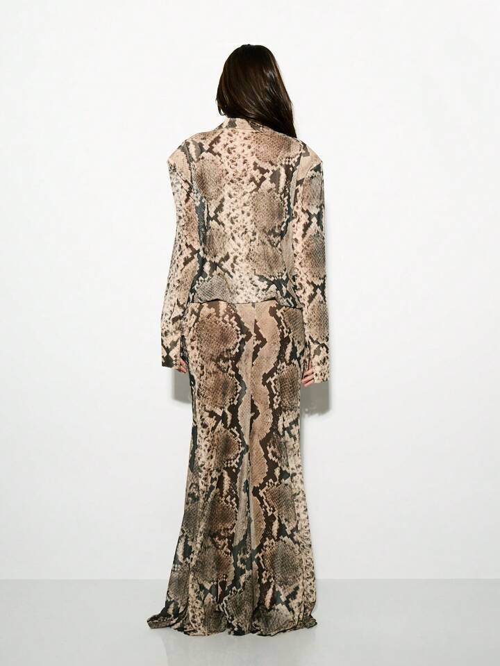 KIZN Plunge Neck Snake Print Mesh Maxi Dress Wrap Style Long Sleeve High Slit Evening Party Speci... | SHEIN